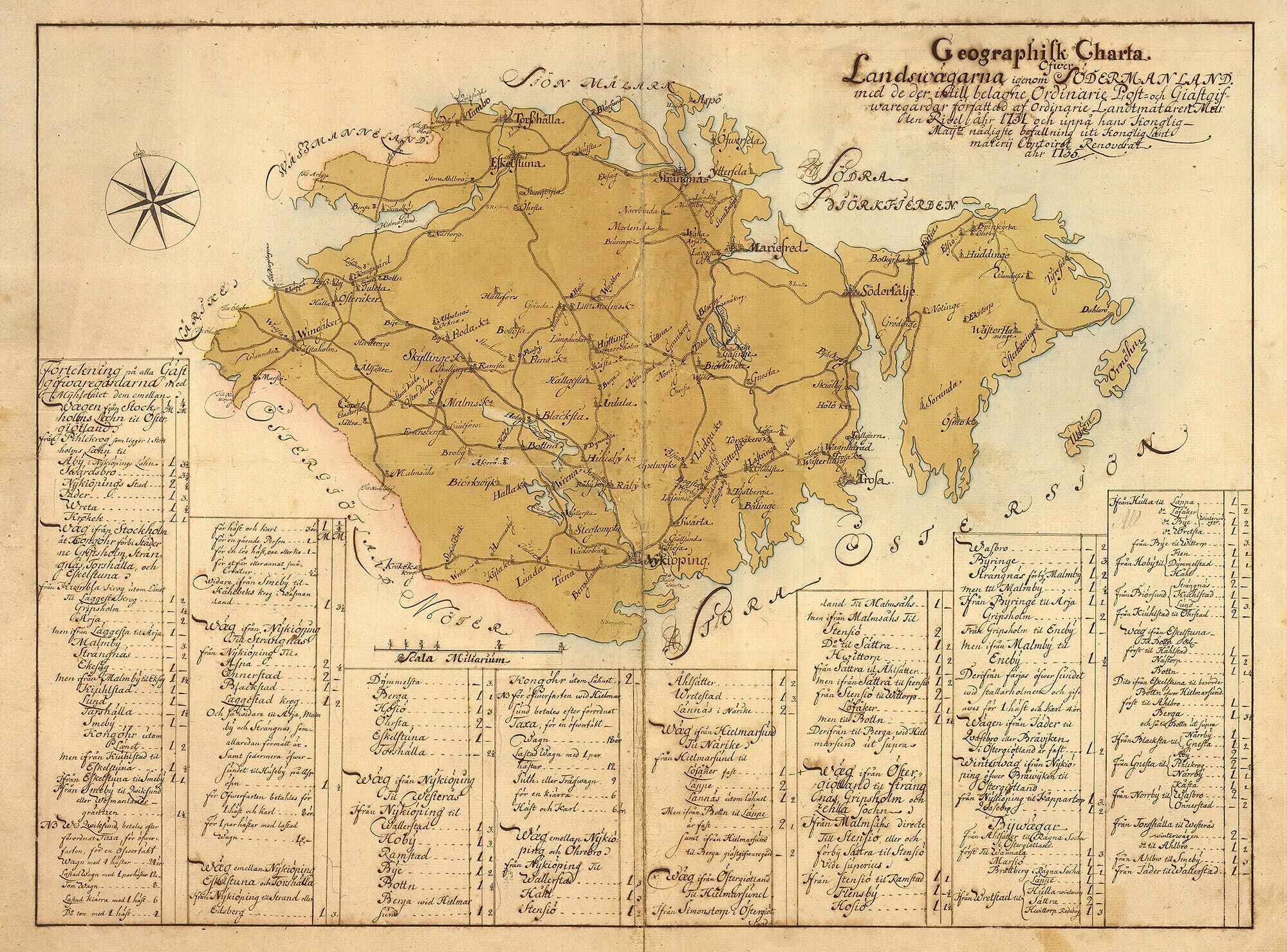 Historisk vägkarta över Södermanland 1731