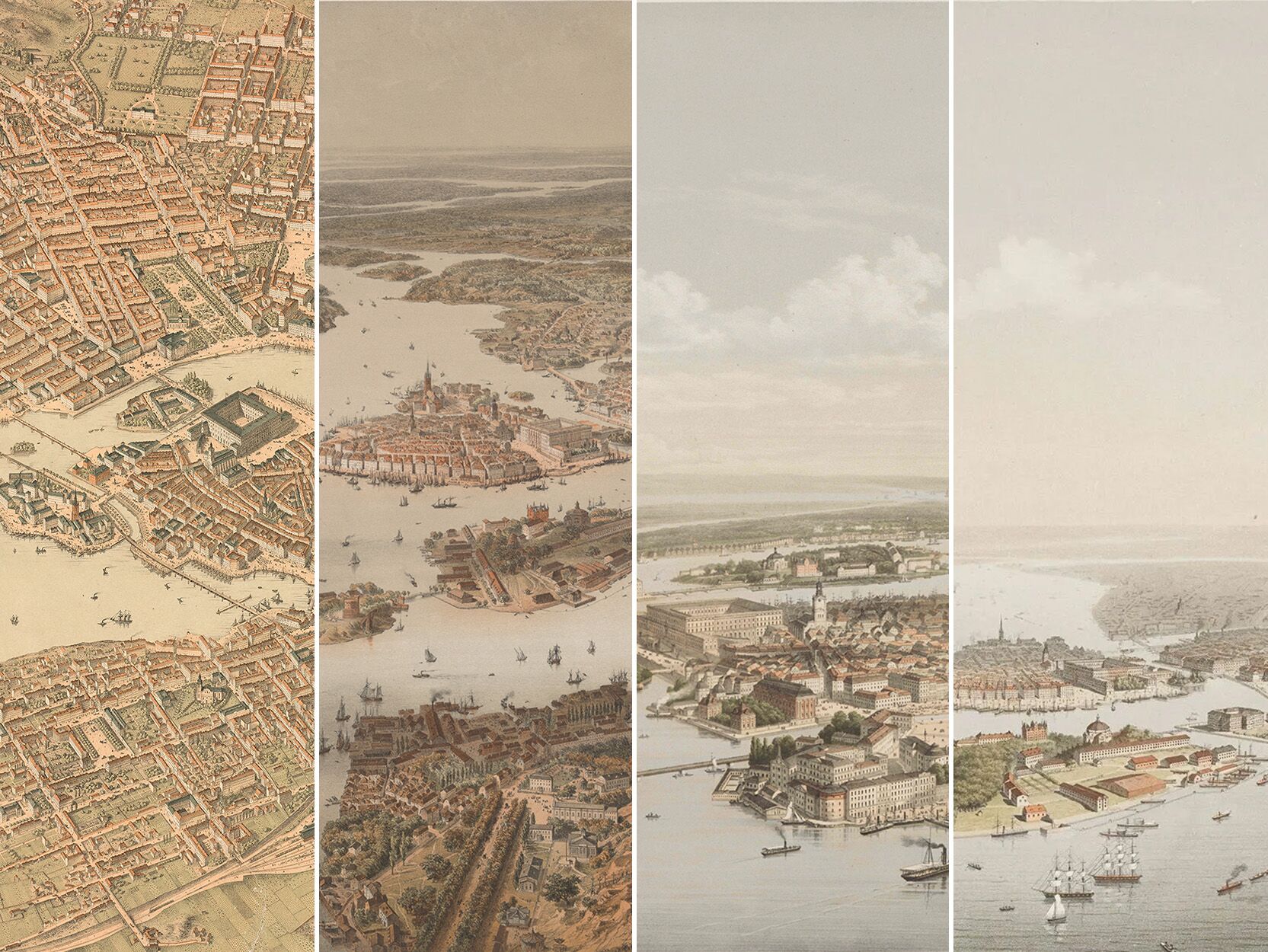 Fyra historiska kartor över Stockholm.